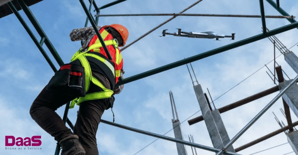 Drona inspection Aerial Cinematography while worker climb on the tower