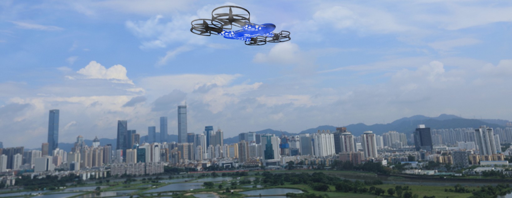 Drone flying over city skyline, showcasing urban aerial services.