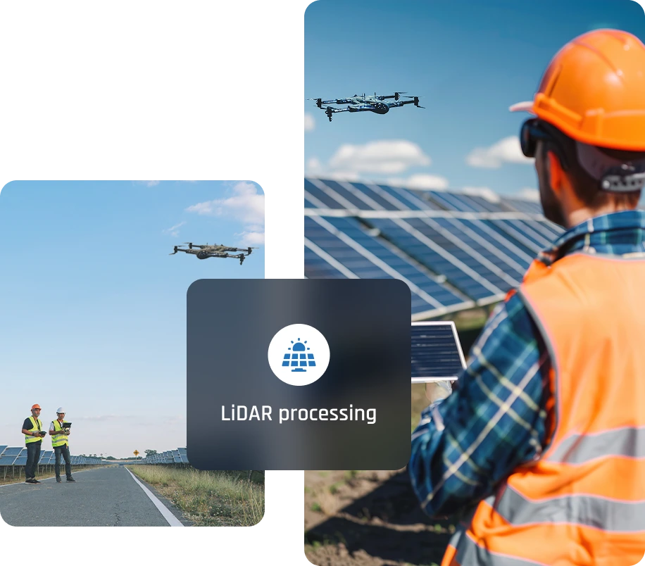 Drone pilots oversee lidar processing using drones in both images