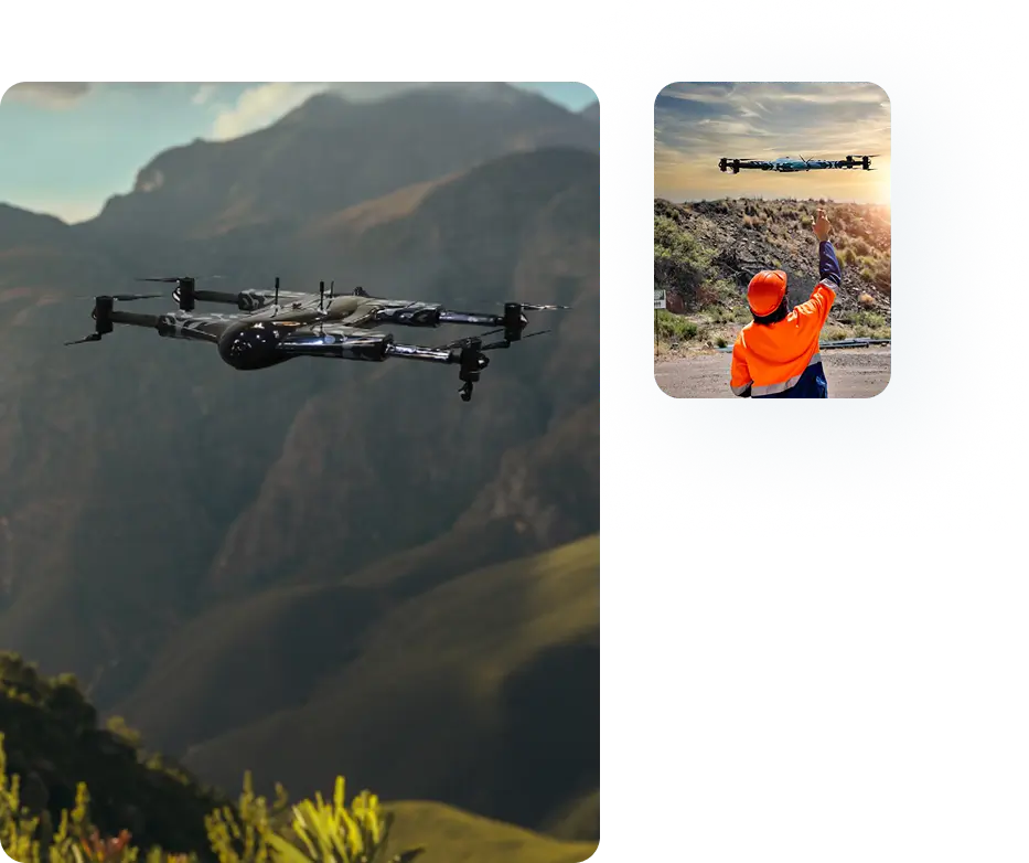 Drone flying over mountains and a person controlling a drone outdoors