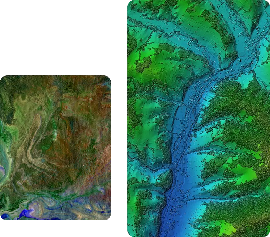 Two maps showing spectral analysis of vegetation and analyzing topographical status