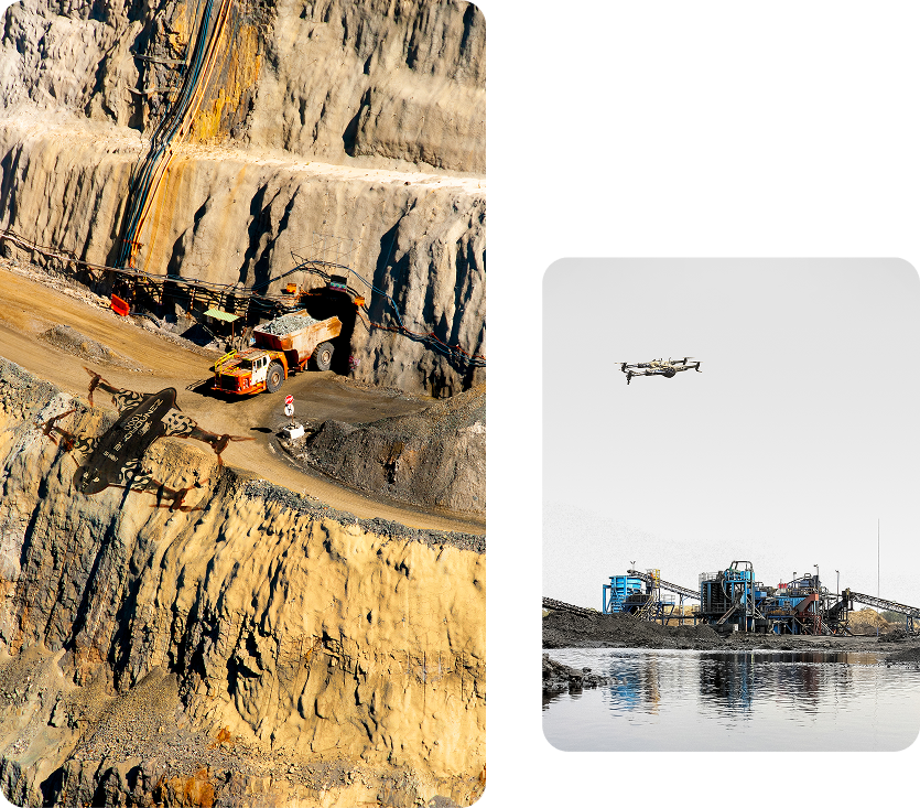 Drone inspecting mining quarry operation site and a drone flying over a mineral processing site