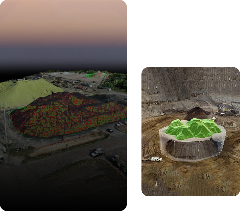 Drone scans stockpile for 3D modeling and volumetric analysis in a mining operation