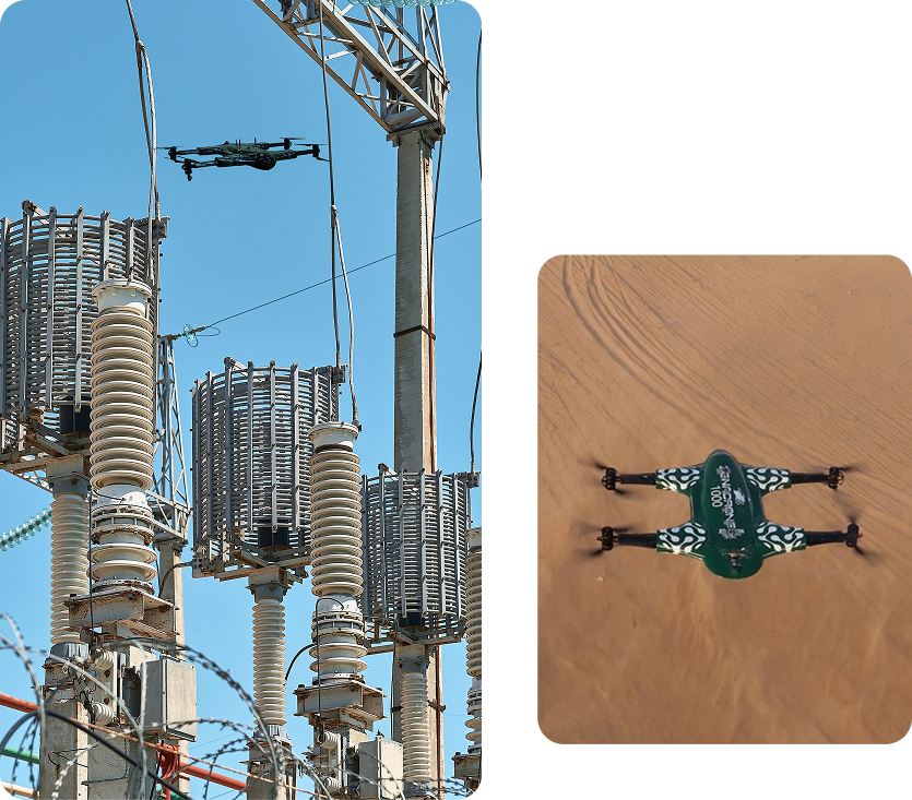 Drone inspecting powerline inspections and flying over barren, arid land.