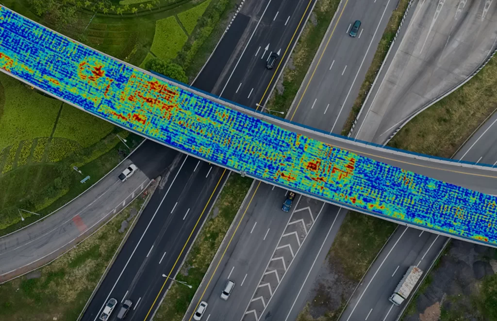 Overhead freeway view with heat map overlay for GPR concrete inspection