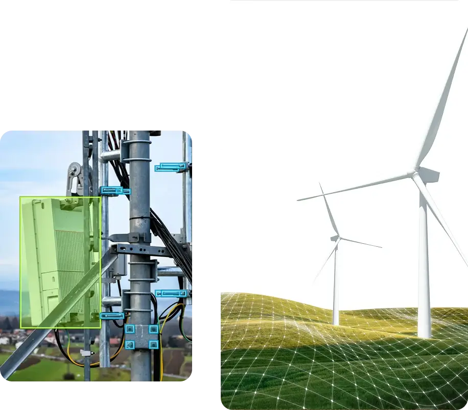 Cell tower and wind turbines on digital grid, highlighting drone inspection