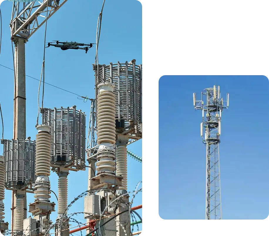 A drone flies near large an electrical substation and a tall cell phone tower