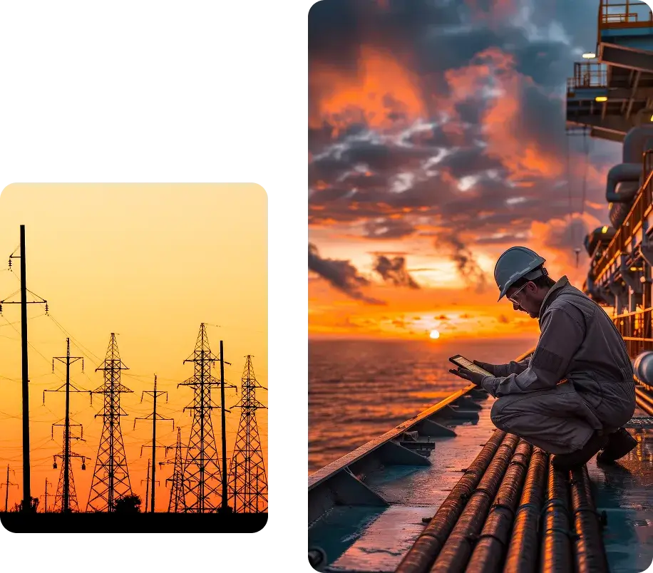 Drone pilot inspecting offshore platform and powerlines for energy sector