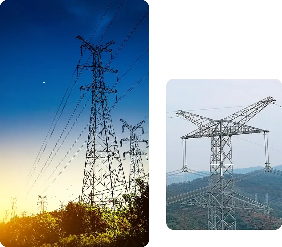 Large transmission towers and close-up of a modern tower