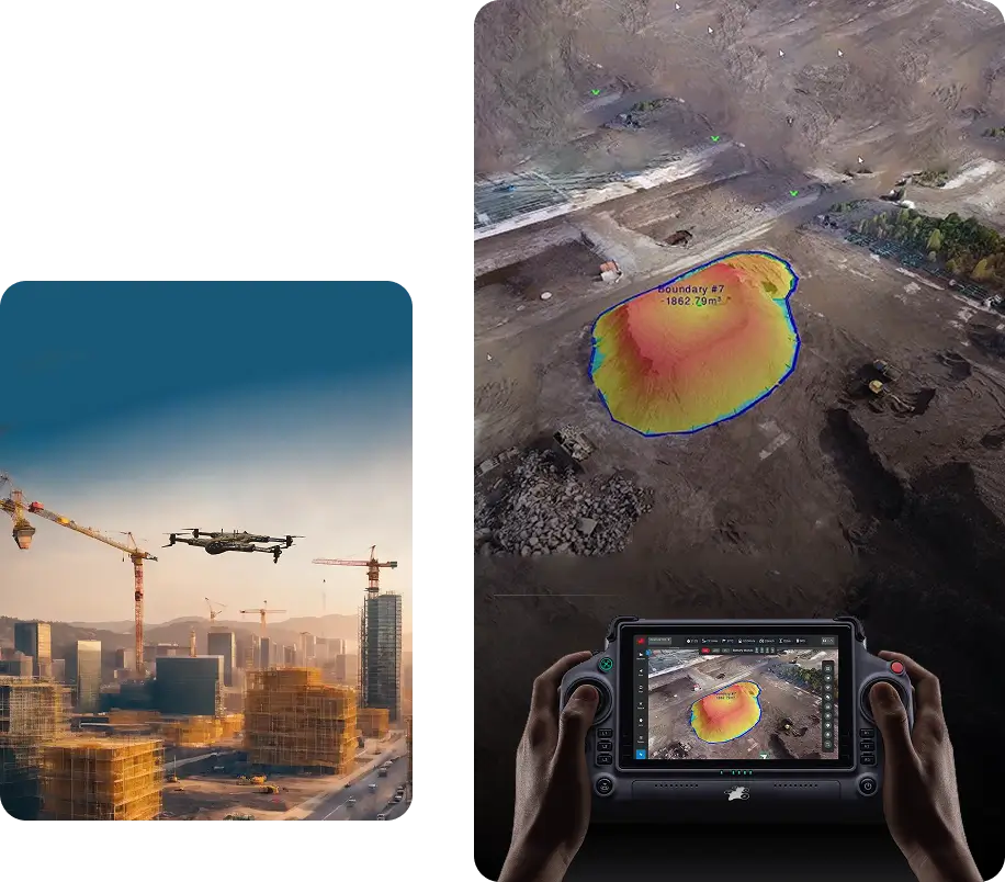 Drone surveys city construction site showing digital volume measurement of a pit.