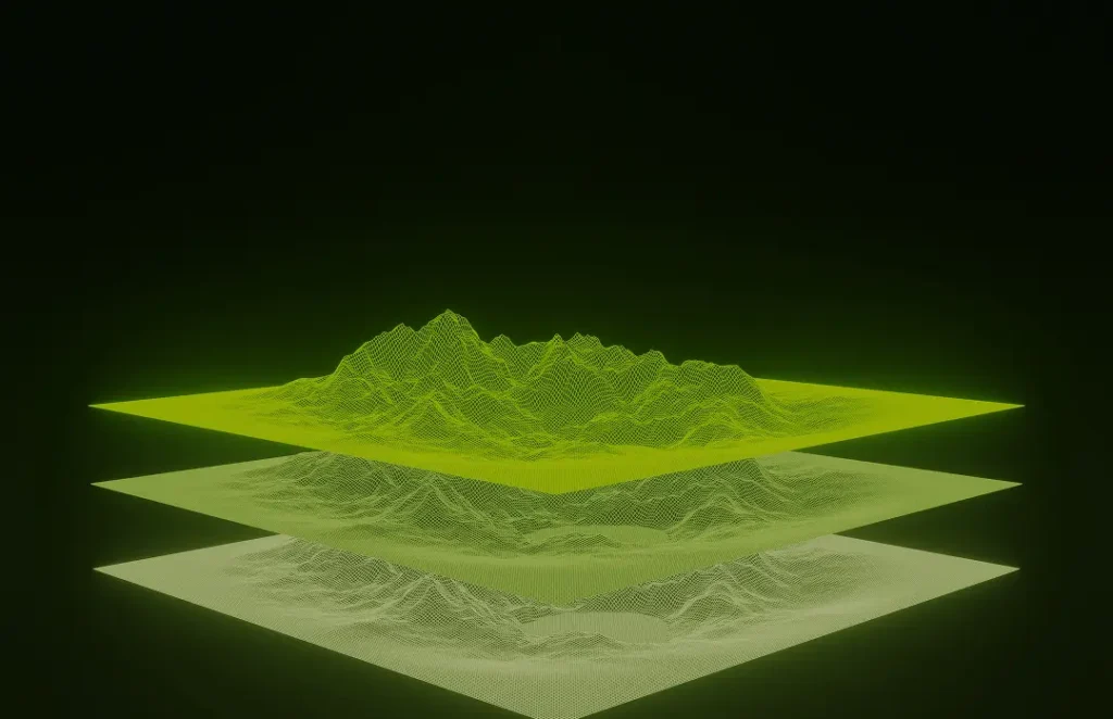 3D wireframe topographic map in neon green, showing three stacked layers of mountainous data