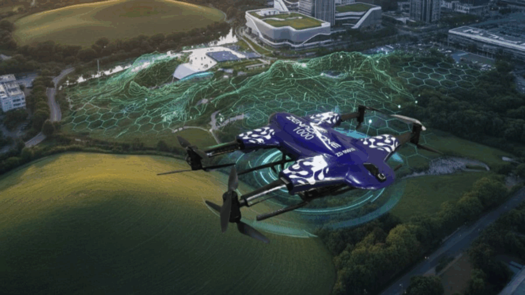 Drone capturing aerial landscape with 3D mapping technology in 2025