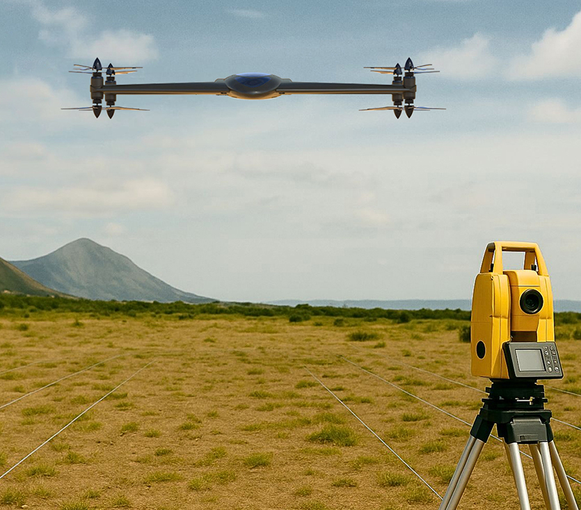 Drone surveys Irish grassland with yellow GNSS station for precision agriculture and land mapping