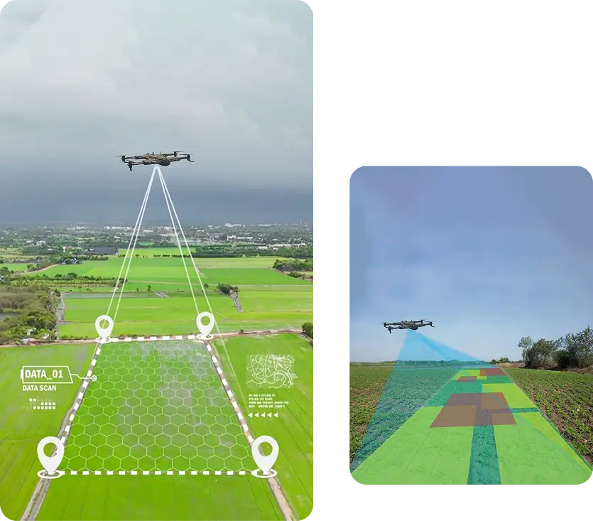 A drone flying over a lush green field in Ireland, and an Aerial view of a farm landscape in Ireland