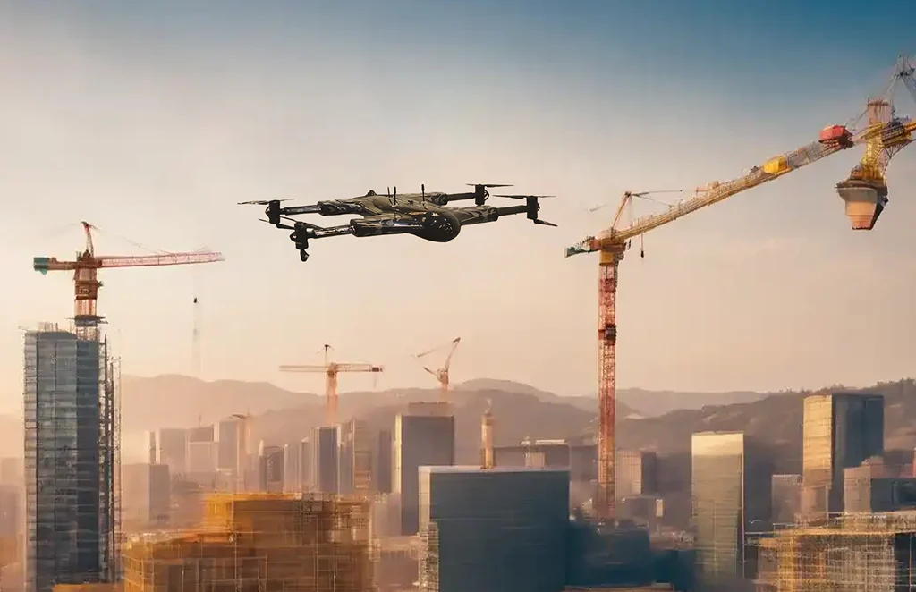 Drone capturing aerial mapping data for construction project analysis