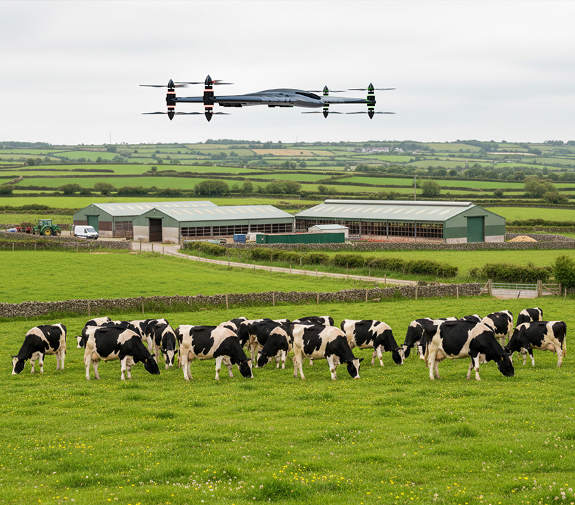 Drone flying over a herd of cattle in a green pasture, monitoring livestock health and activity.