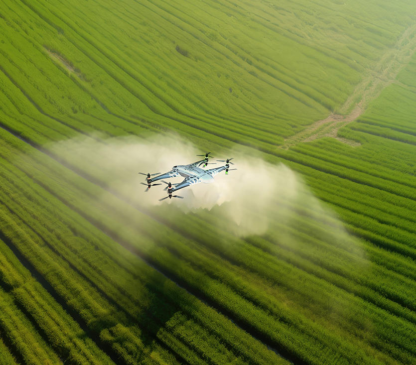 Drone spraying crops with precision, enhancing farm efficiency, and promoting smart agriculture