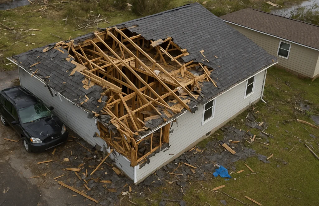 Aerial view of a destroyed house used for Damage Inspection