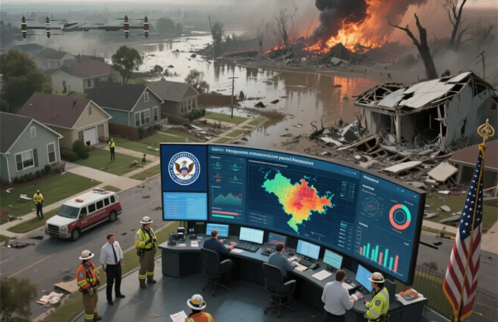 Disaster response team monitors damaged area on large command center screens