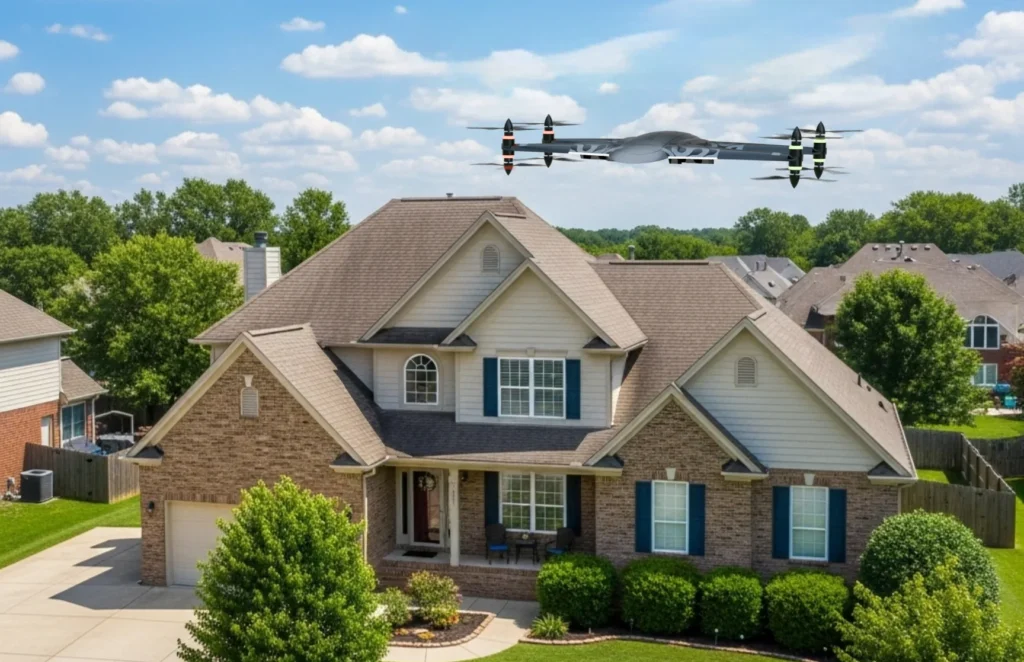 Drone performing an exterior inspection of a brick-and-siding house