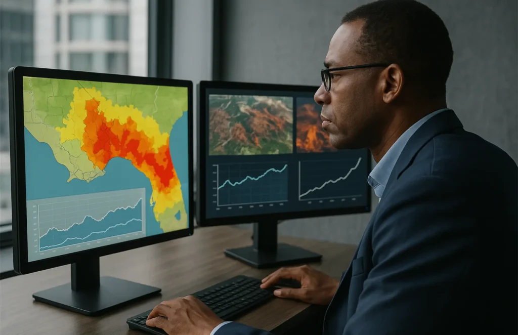 Man analyzes climate and disaster data on dual monitors