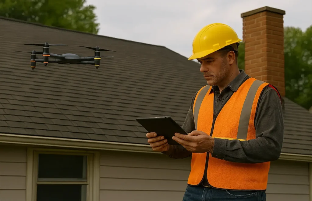 Drone Pilot using a drone and tablet for aerial inspections near a house rooftop