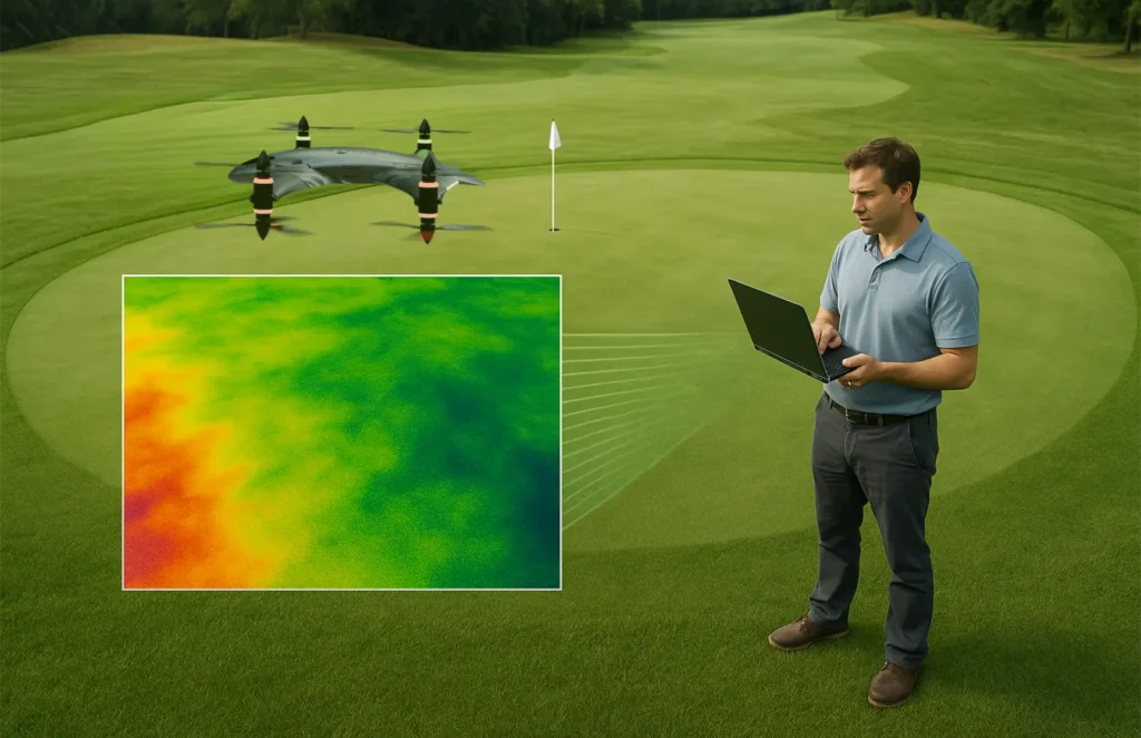 Man on golf course using a laptop while drone captures turf health and irrigation