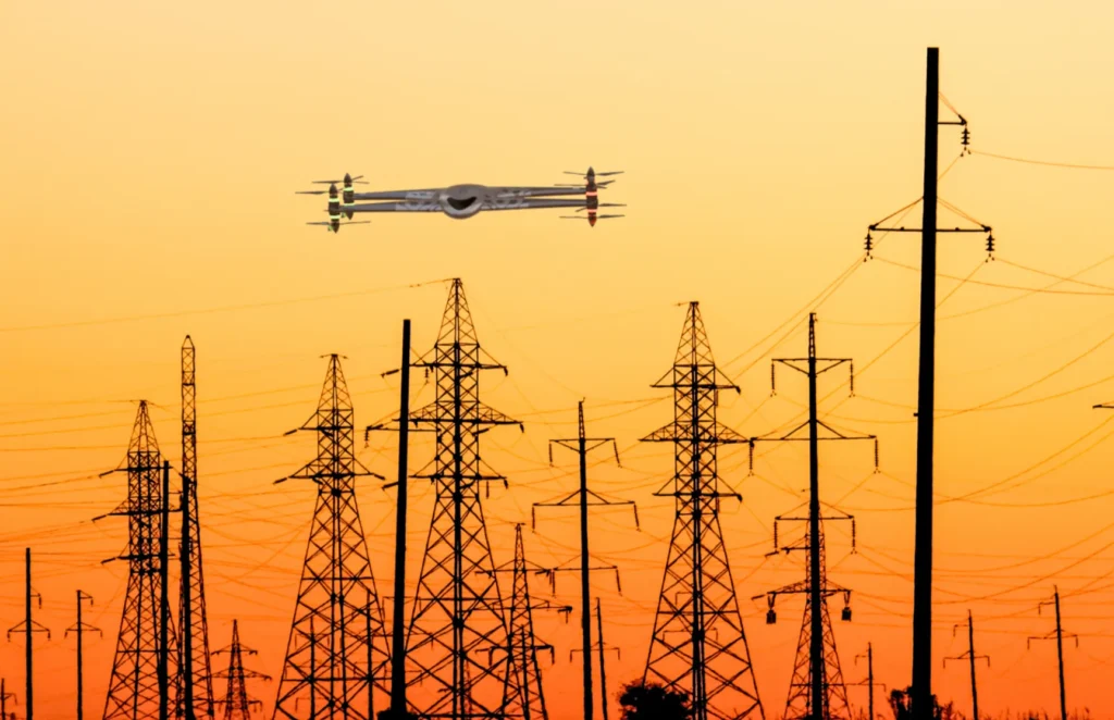 Drone flying over electricity station capturing and utility inspections