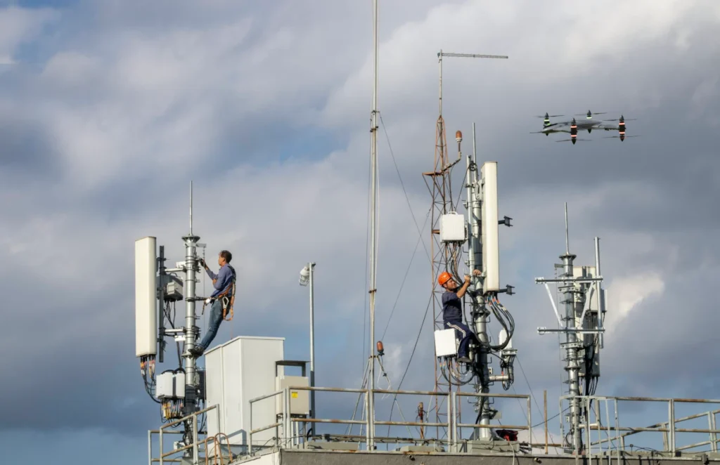 Drone hovers near technicians performing telecom tower inspections