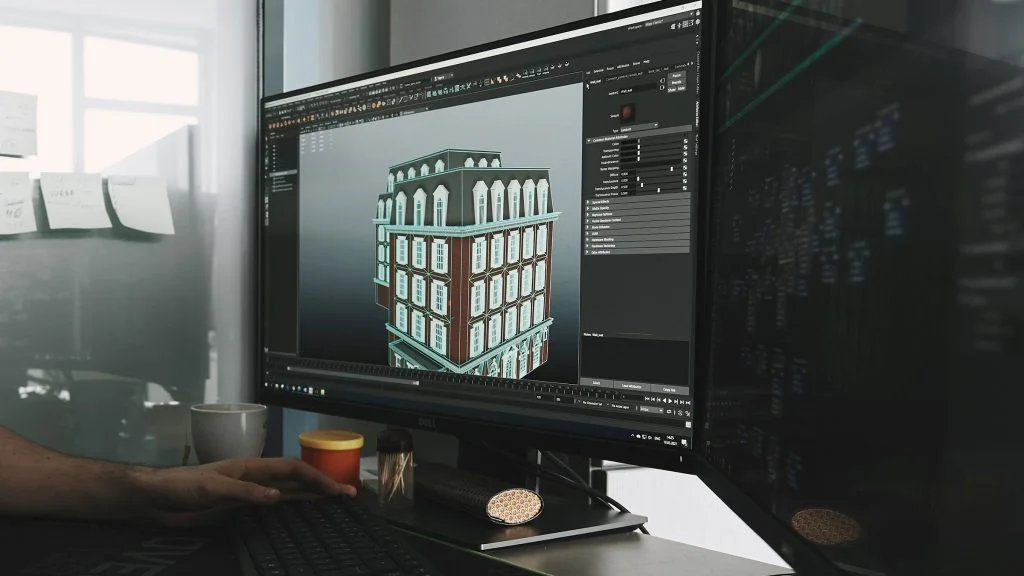 3D scanning and modeling software showing architectural building design for visualization and digital reconstruction.