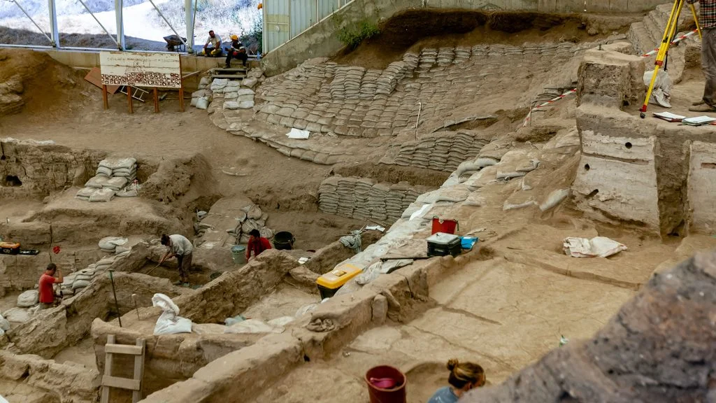 Archaeological excavation site showing trench work, ancient structures, and soil layers for research and analysis.