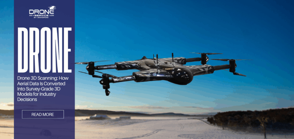 Drone 3D scanning workflow showing aerial photogrammetry and LiDAR data converted into survey-grade 3D point cloud model