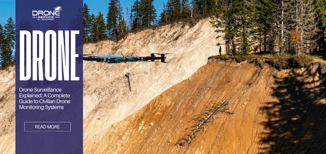 Drone surveillance capturing aerial inspection data over rugged terrain for civilian monitoring purposes.