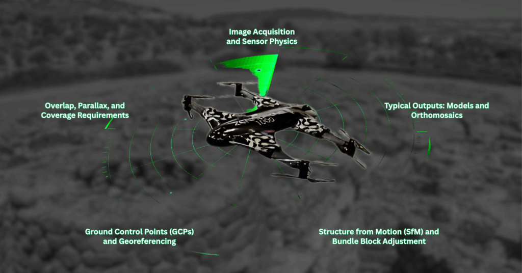 UAV photogrammetry workflow showing image acquisition, overlap and parallax, ground control points, Structure from Motion processing, and orthomosaic outputs for archaeological documentation