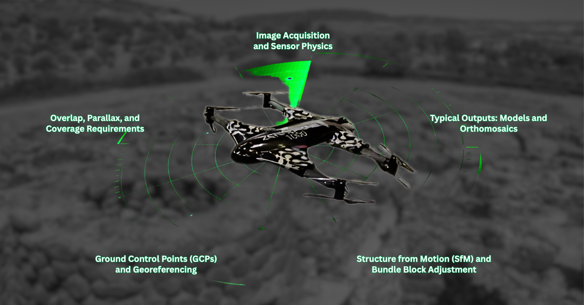 UAV photogrammetry workflow showing image acquisition, overlap and parallax, ground control points, Structure from Motion processing, and orthomosaic outputs for archaeological documentation