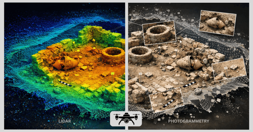Comparison between LiDAR and photogrammetry in archaeology showing LiDAR point cloud terrain model and photogrammetric textured 3D reconstruction of excavation remains