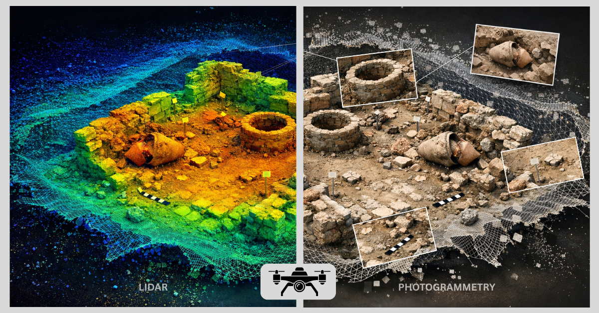Comparison between LiDAR and photogrammetry in archaeology showing LiDAR point cloud terrain model and photogrammetric textured 3D reconstruction of excavation remains
