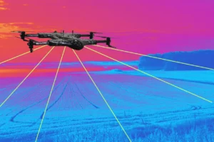 Drone using LiDAR sensors to scan and map terrain for digital twin and terrain modeling in geospatial projects