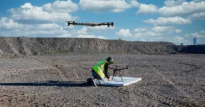 Drone technician launching UAV at mining site for geospatial surveying and LiDAR topographic mapping