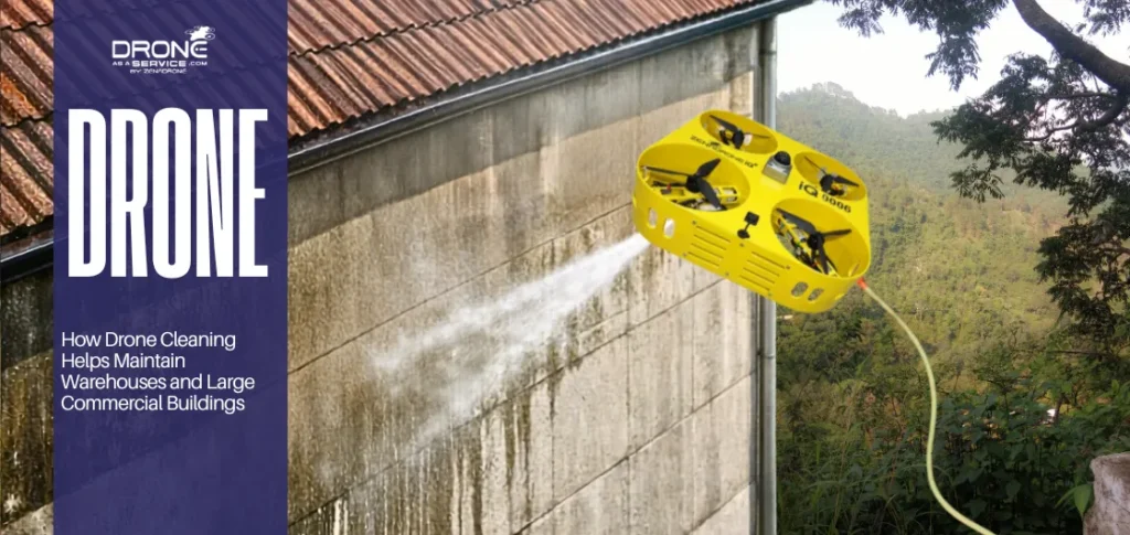 A specialized tethered cleaning drone spraying high-pressure water to maintain a high-rise glass building, operated remotely from the ground.